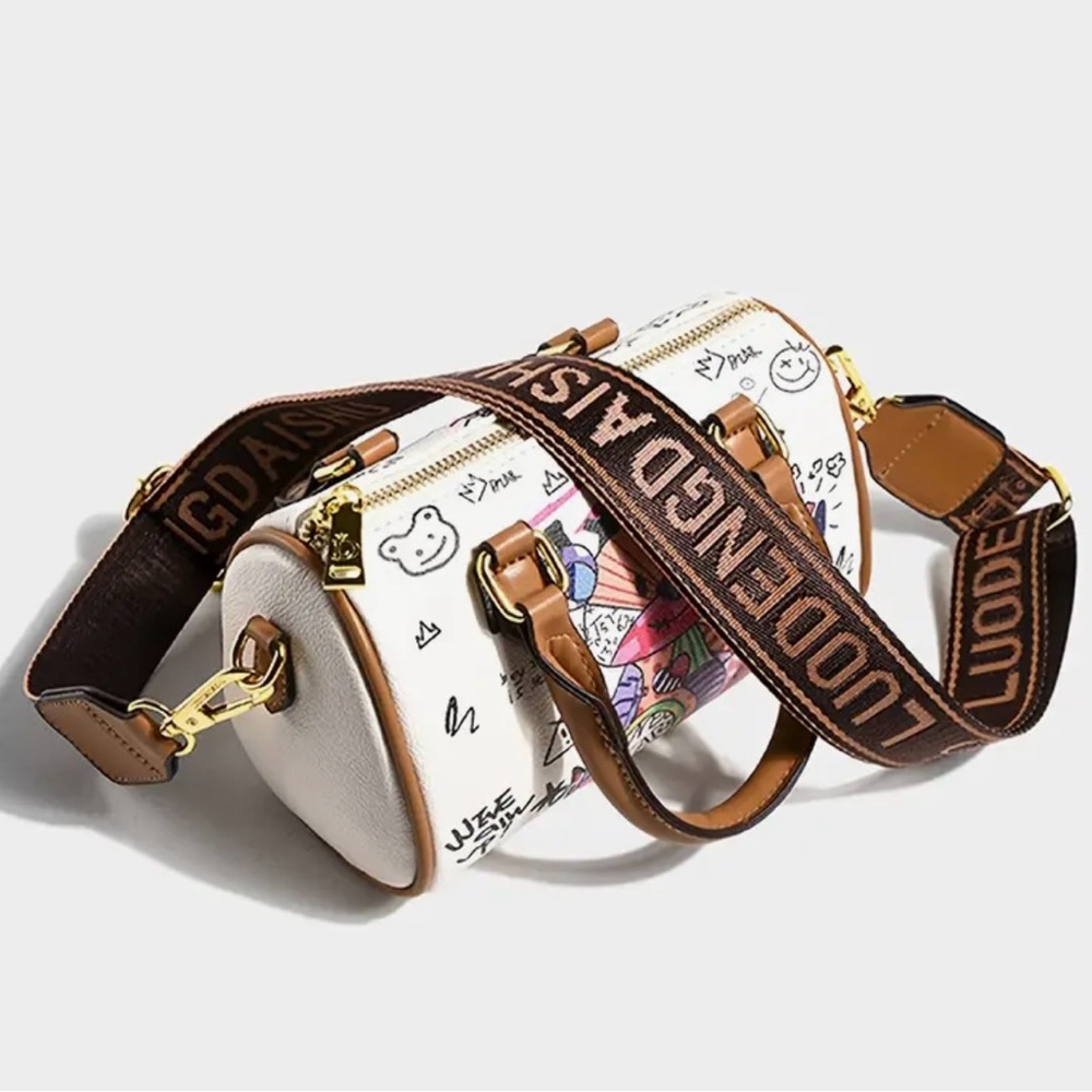NIP Graffiti Bear Mini Barrel Bag Top Handle Crossbody White Brown Tan - Picture 7 of 7